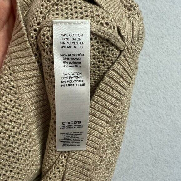 Zenergy Chicos Sweater Jacket Womens 2 Beige Open Knit Metallic Full Zip Hooded - Picture 7 of 9